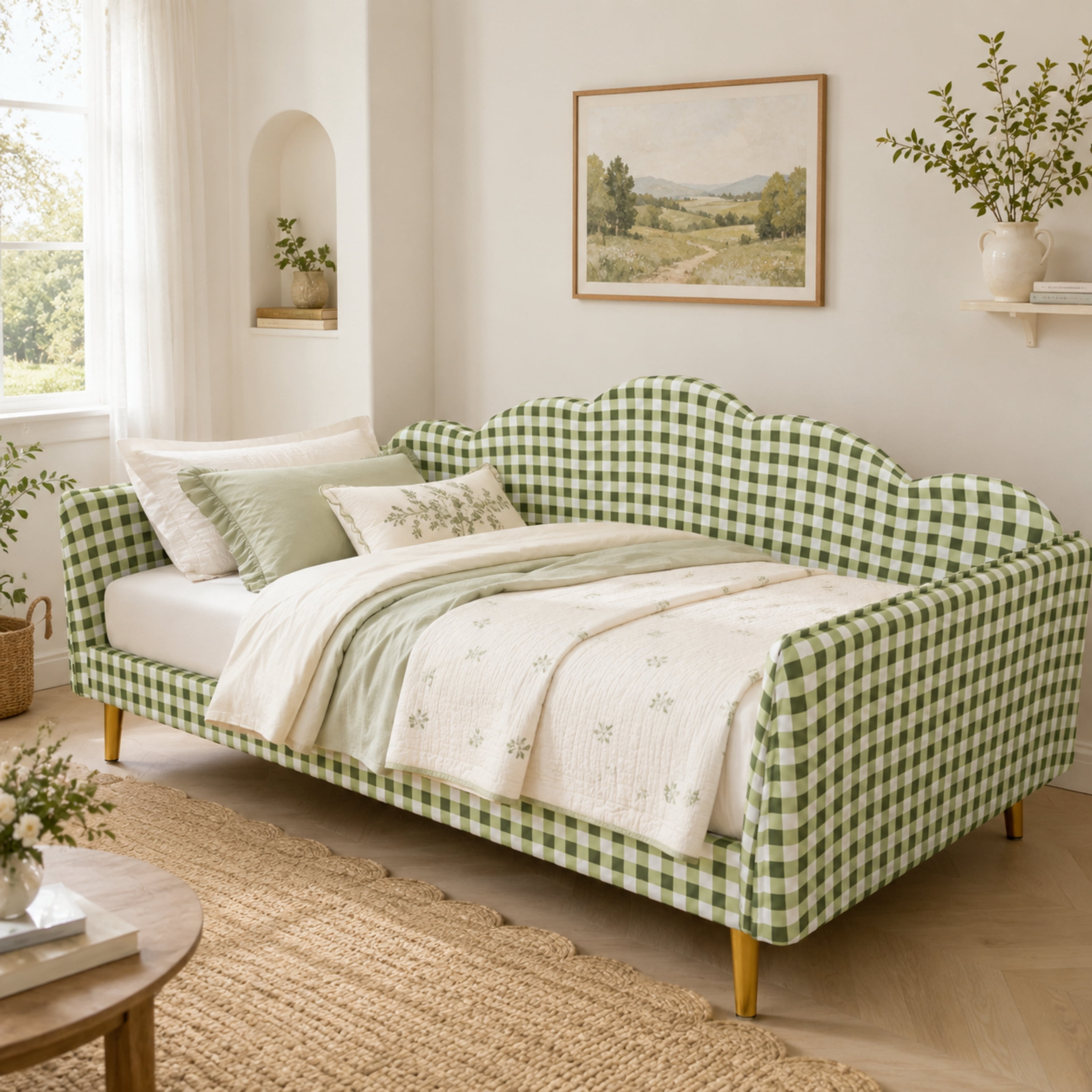 Euroco Upholstery Twin Size Daybed, Wood Sofa Platform Bed with Gingham Design and Metal Legs, No Box Spring Needed, Green