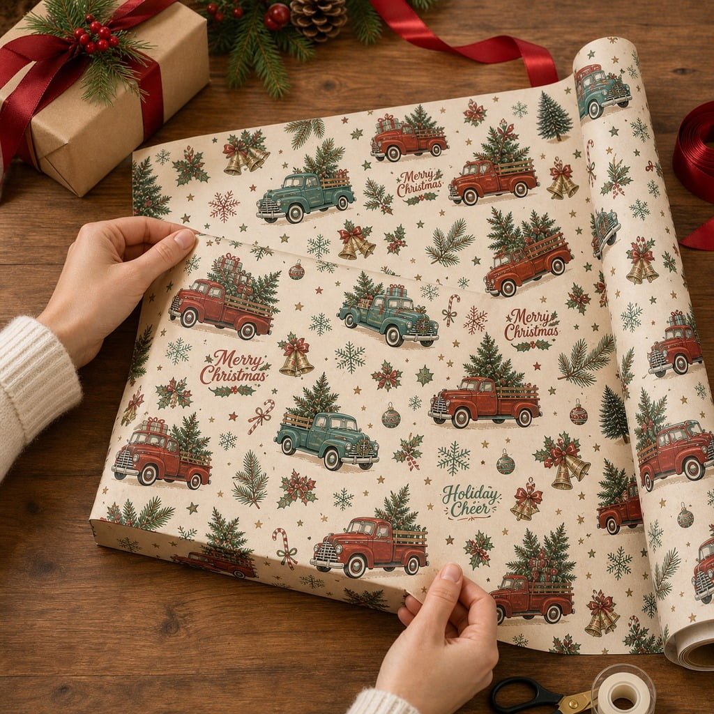 Christmas Wrapping Paper Vintage Holiday Truck Pattern Gift Wrap for Holiday Presents