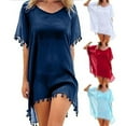 thumbnail image 4 of Swimsuit Cover Up Solid Color Loose See-through Tassel Bikini Dress for Holiday, 4 of 7