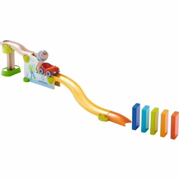 HABA Ball Run and Track Set with Car & Dominoes, 16 Piece Kullerbü Marble Runs and Building Sets for Kids 2 and up