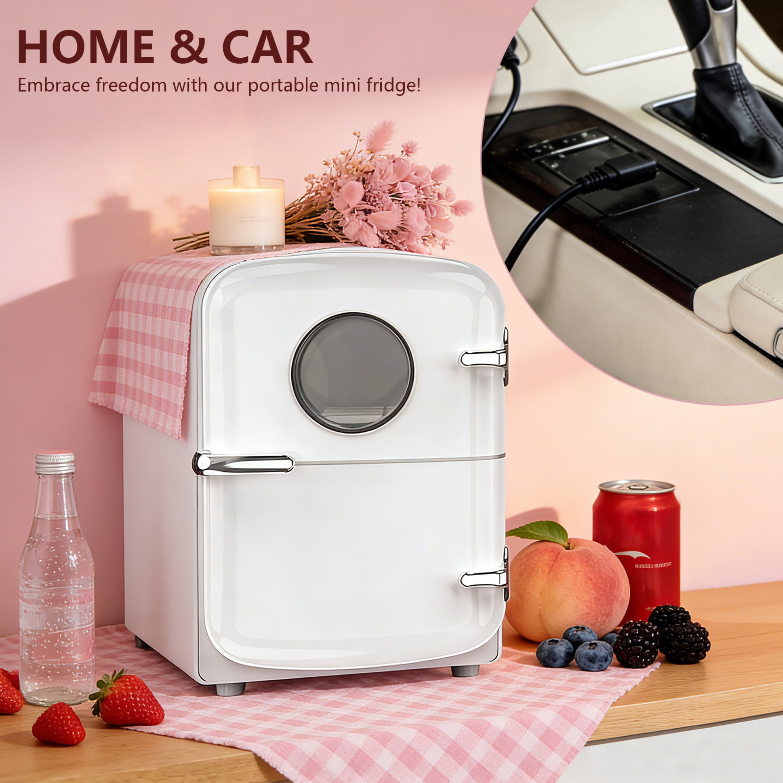 KNDKO Mini Fridge, 4L/6 Cans Cooler and Warmer Compact Refrigerator Skincare, Makeup & Drink, Portable Desk Fridge for Car, Office, Dorm, White