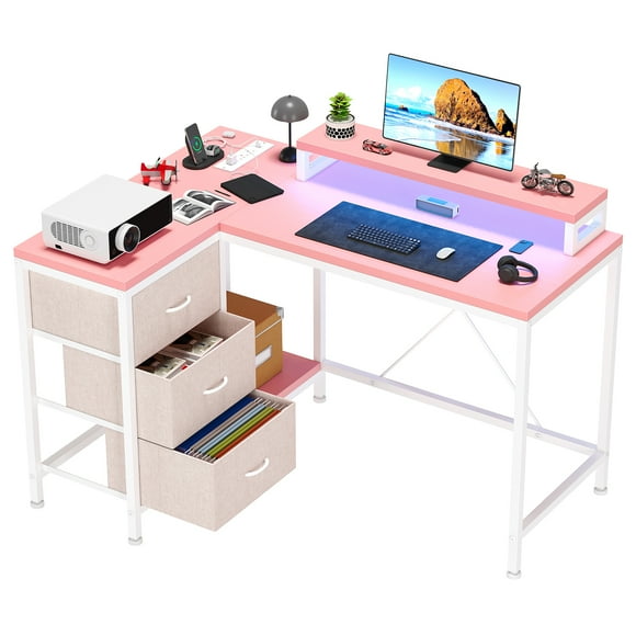 43" L-Shaped Reversible Computer Desk with LED Lights, Built-in Charging Station, 3 Drawers, Monitor Stand, and Storage Shelves – Ideal for Gaming, Study, and Home Office – Pink