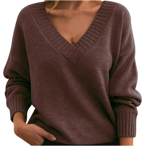 Htigea Knit V Neck Sweater for Women Casual Long Sleeve Pullover Solid Fall Winter Warm Sweaters Tops Coffee S