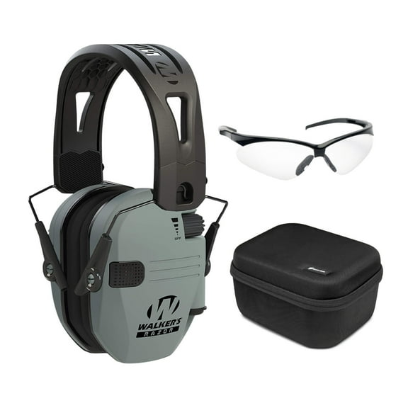 Walkers Razor Tacti-Grip with Rubber Headband (Battleship Gray) Bundle with Shooting Glasses and Hard Case (3 items)