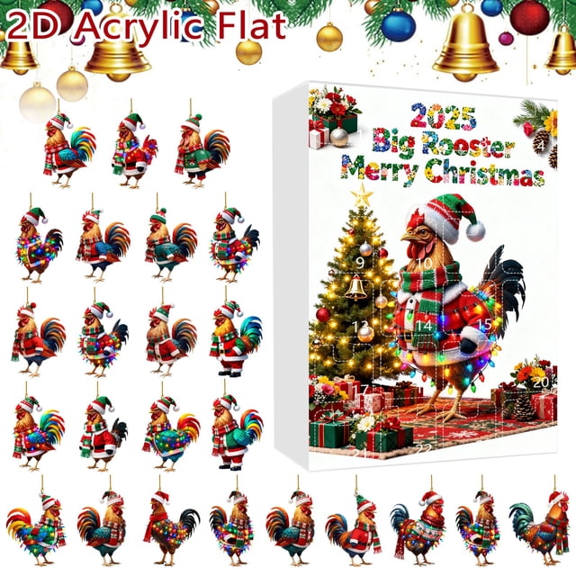 Hanging Advent Calendar Rooster with Hat and Scarf 24 Days Countdown Sets Festive 2D Holiday Ornament