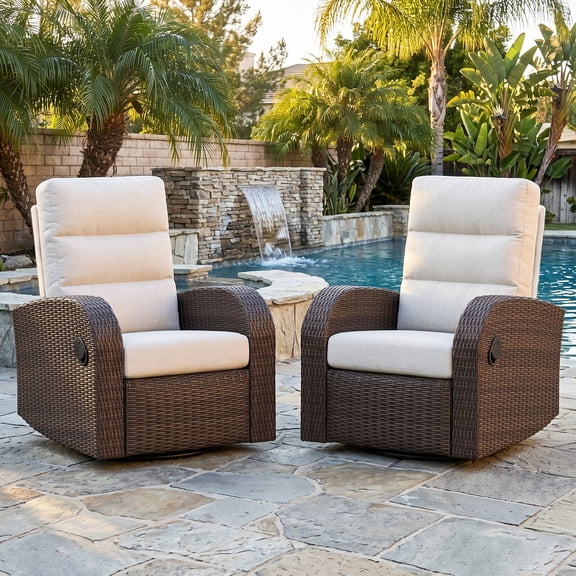 LayinSun Oversized Wicker Outdoor Swivel Glider Recliner with Adjustable Backrest & Footrest, Patio Reclining Lounge Chair - Set of 2