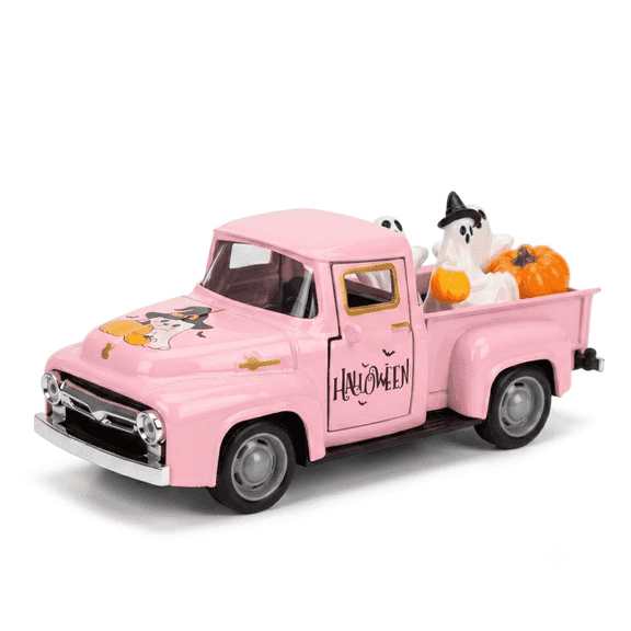 Molumo Halloween Truck Decor - Vintage Pink Pickup Truck with Ghost and Pumpkin Figurines for Halloween Home Tiered Tray Holiday Party Decoration