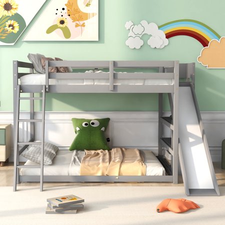 Full over Full Bunk Bed with Ladder  Slide and Shelves  Gray 28AAE