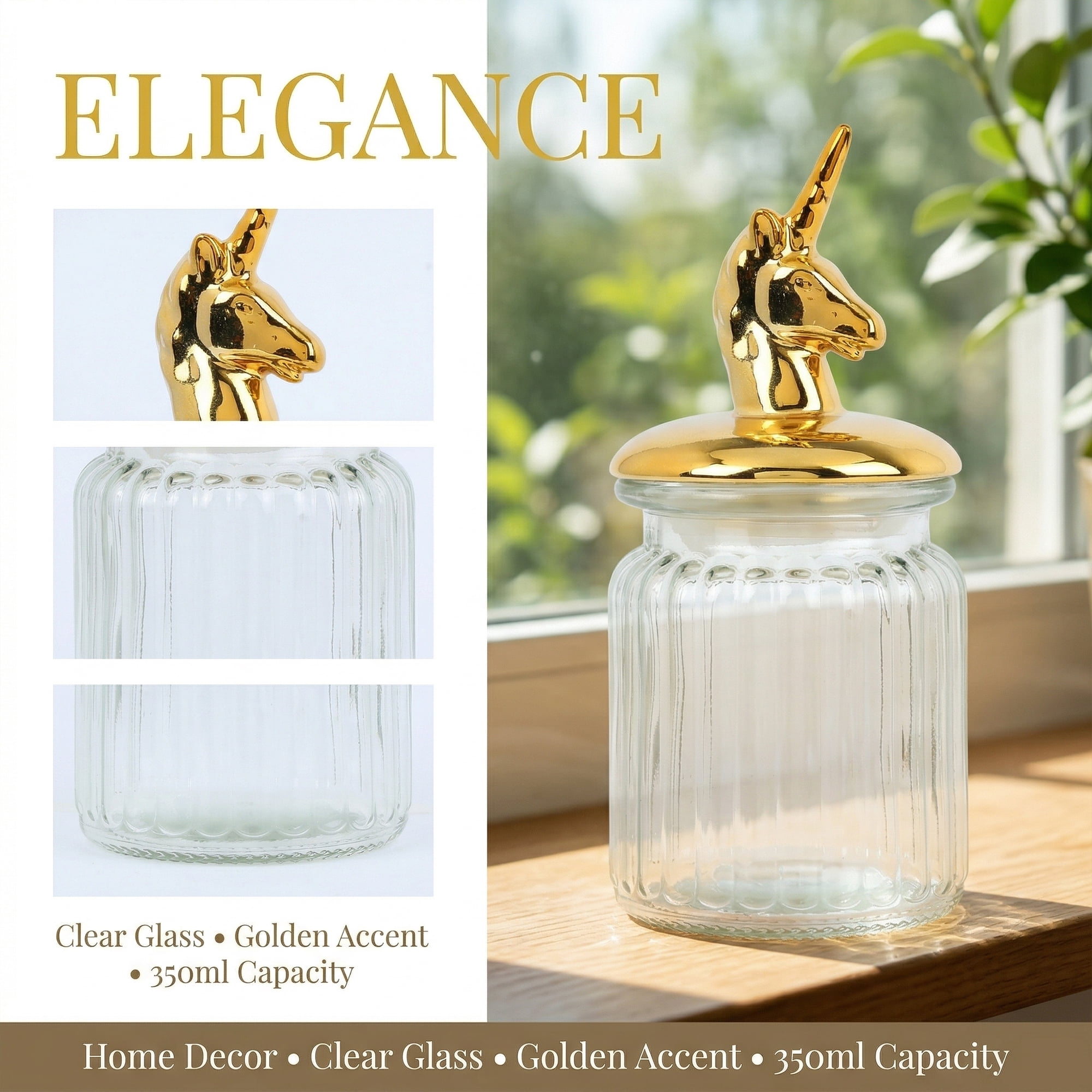 Unique Bargains Decorative Glass Jar With Lid Golden Mythical Creature 3" x 3" x 5.5"