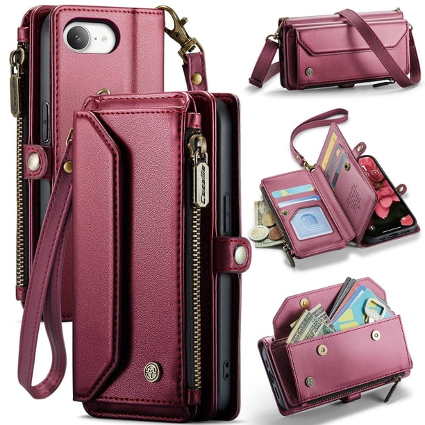 Funda tipo cartera para iPhone 16e con bloqueo RFID, tarjetero, cremallera y ranura para billetes, correa de hombro magnética de piel sintética suave para mujer