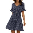 thumbnail image 4 of Women Polka Dots Print V Neck Ruffled Sleeve Buttons Tie Waist Mini Dress, 4 of 7