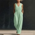thumbnail image 5 of ClodeEU Women's V Neck Sleeveless Drawstring Waist Wide Leg Jumpsuit, Casual Loose Romper with Pockets Green,Women's Plus L, 5 of 6