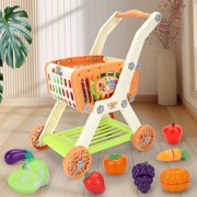 Kids Shopping Cart with Cutting Food Set for Pretend Kitchen, 2 in 1 Learning Toy Gift for Toddlers 3-5 Years