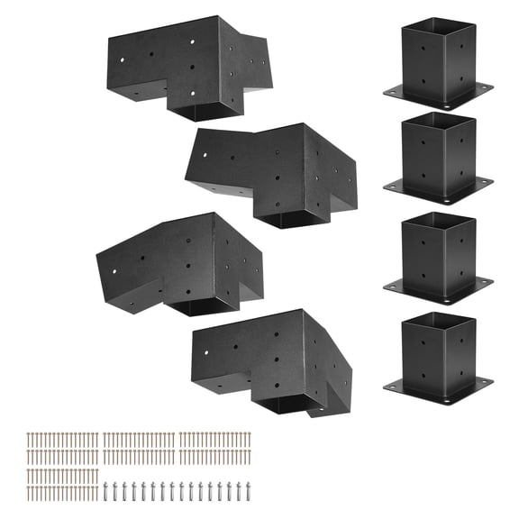 KFFKFF Pergola Kit, 4x4 Inch 3-Way Slanted Bracket for 3.5x3.5 Inch Wooden Beams, Carbon Steel Brackets with Screws and Post Bases, Ideal for Outdoor Pergolas, Gazebos, and Sheds, Set of 8