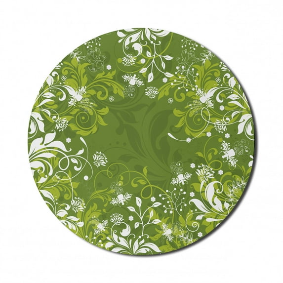 Green Mouse Pad for Computers, Abstract Floral Ornaments Nature Inspired Branches Leaves, Round Non-Slip Thick Rubber Modern Gaming Mousepad, 8" Round, Apple Green Fern Green, by Ambesonne