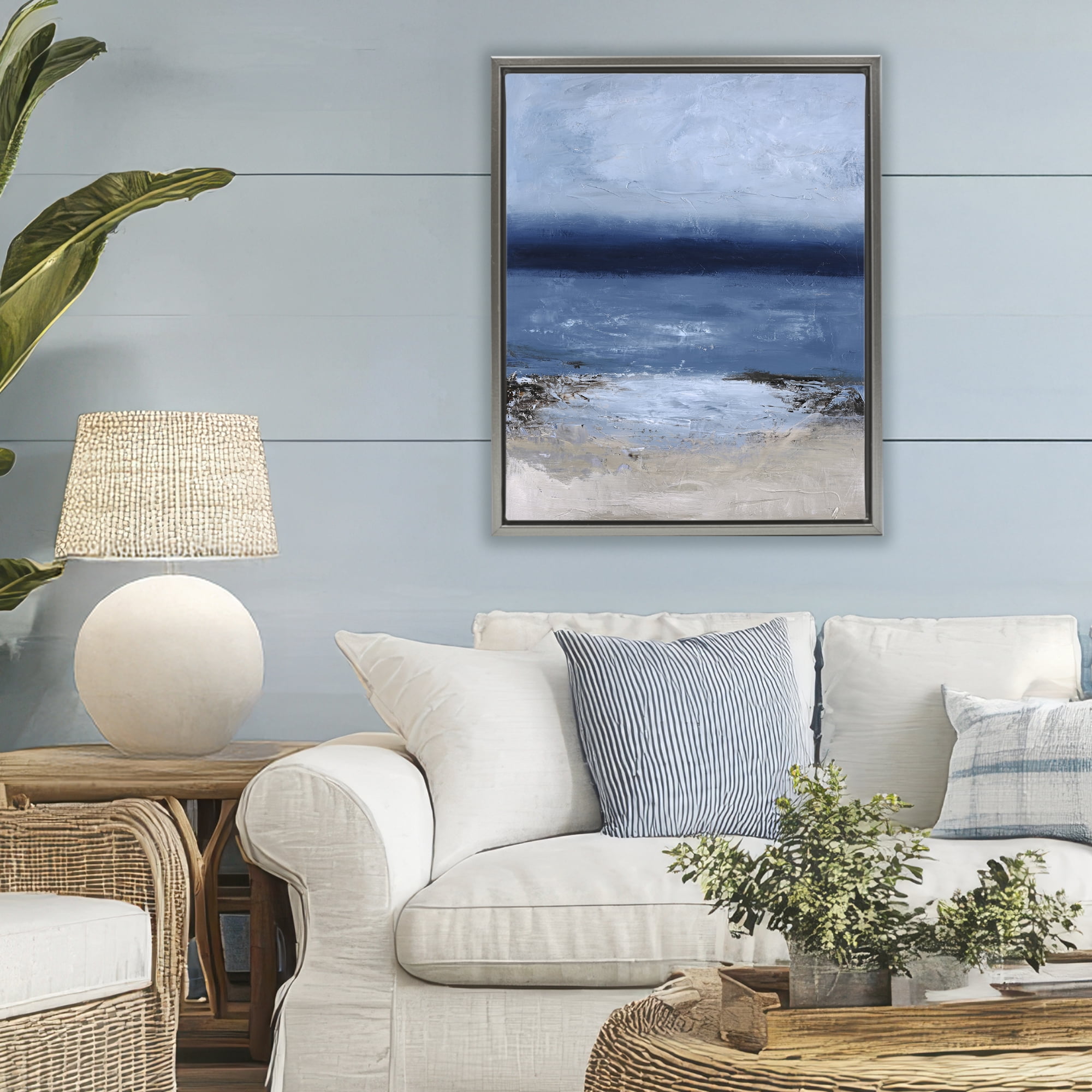 Endless Sea Moods Gray Framed Floater Canvas Wall Art, design by Design Fabrikken