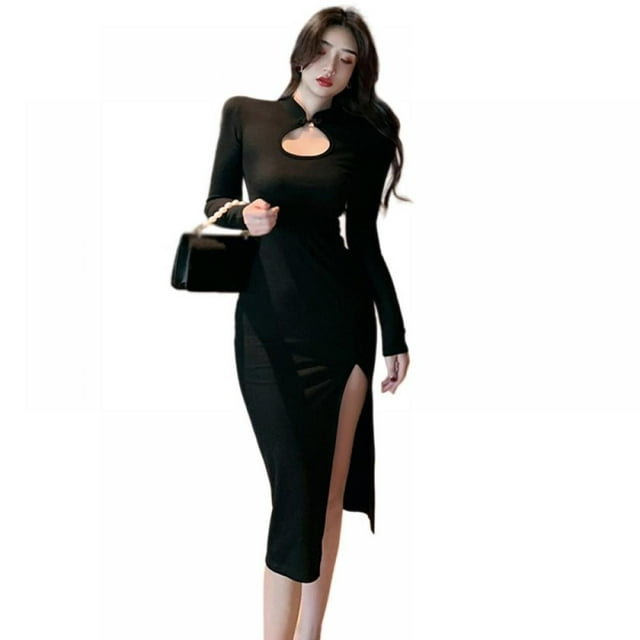 Robe de Cocktail Club à Manches Longues Fendue sur le Côté Couleur Unie Robe Moulante Sexy Robe Longue pour Femmes