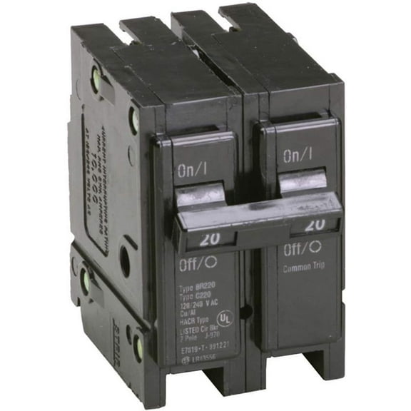 Eaton 20 Amp Double Pole Circuit Breaker BR220 - Standard - 2 Poles, 240 V, Black