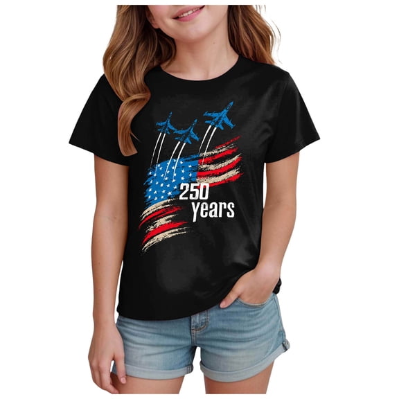 Quealent Girls 4th of July Shirt USA T-Shirt for Kids American Flag Shirt 250 Years of Freedom Short-Sleeved Top (Black, 13-14 Years)