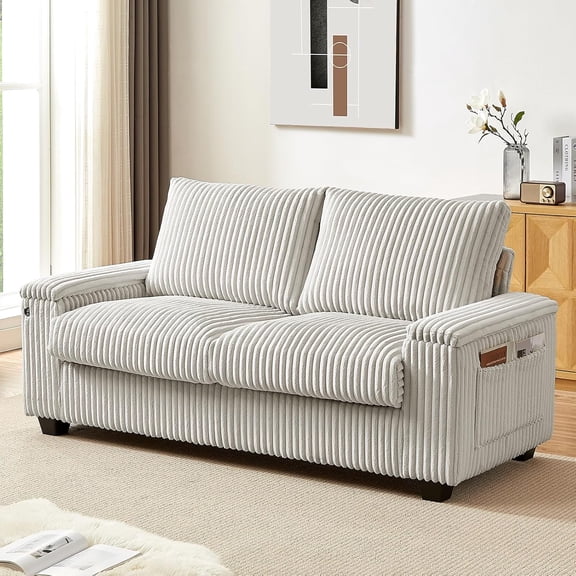 71" Wide Corduroy Loveseat Sofa with Storage Armrests & USB Charging, Comfy Love Seat Couches for Living Room, Modern Deep Seat Small Couch for Bedroom Office Apartmen (White)