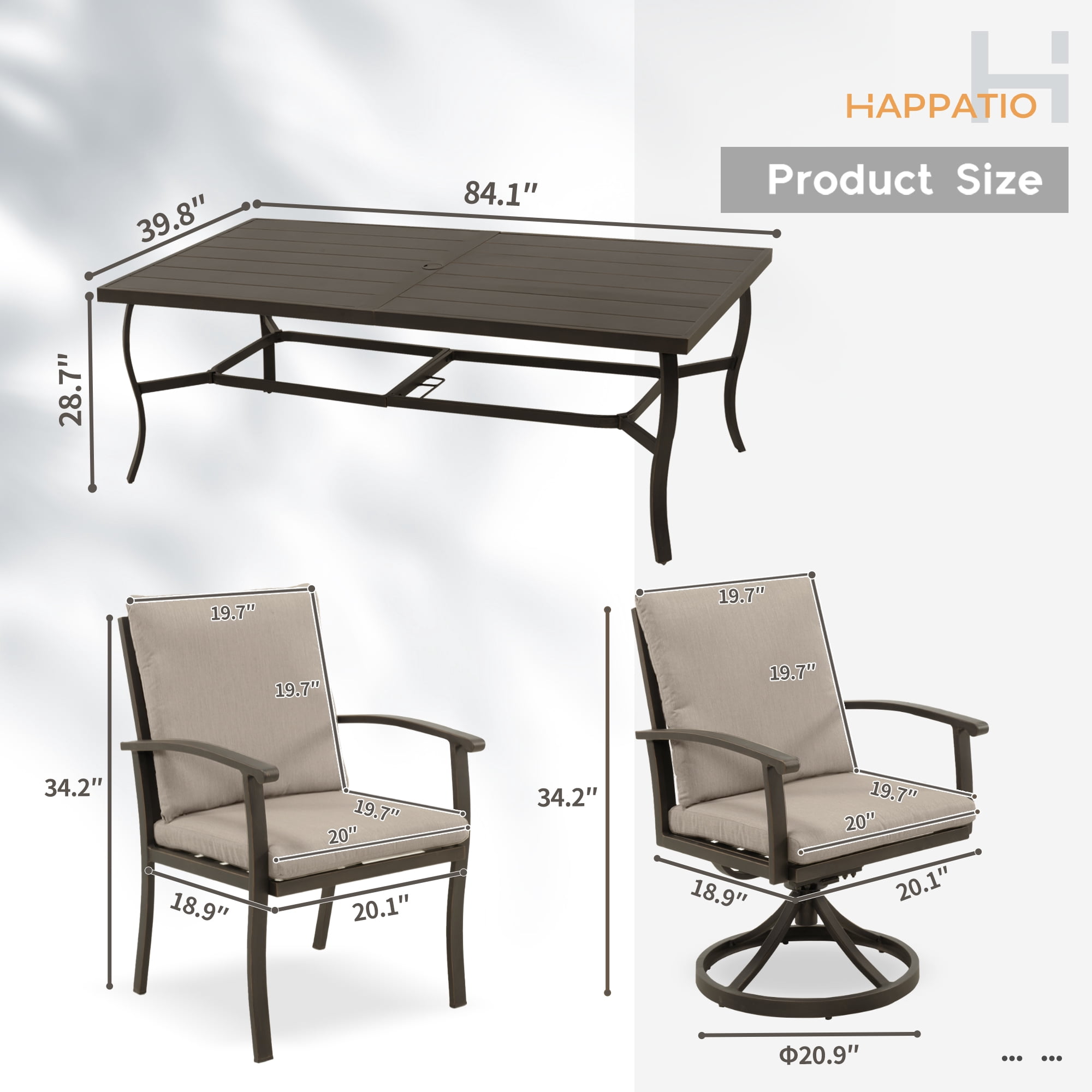 HAPPATIO Aluminum 9 Piece Patio Dining Sets, Outdoor Dining Set for 8, Patio Furniture Sets, 2 Swivel Dining Chairs, 6 Dining Chairs, Aluminum Furniture Set for Patio, Yard (Black)