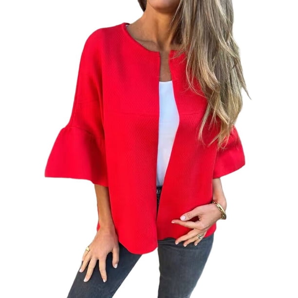 Chaqueta de Traje Informal Elegante con Abertura Frontal, Acampanada y Mangas 3/4 para Mujer. Rojo S