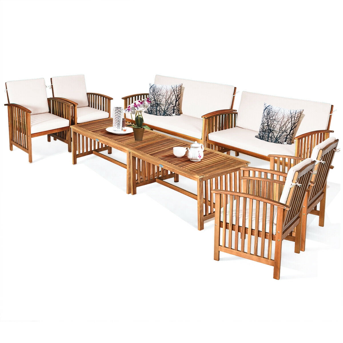 Gymax 8PCS Wooden Patio Conversation Set Outdoor Furniture Set w/ Cushions White