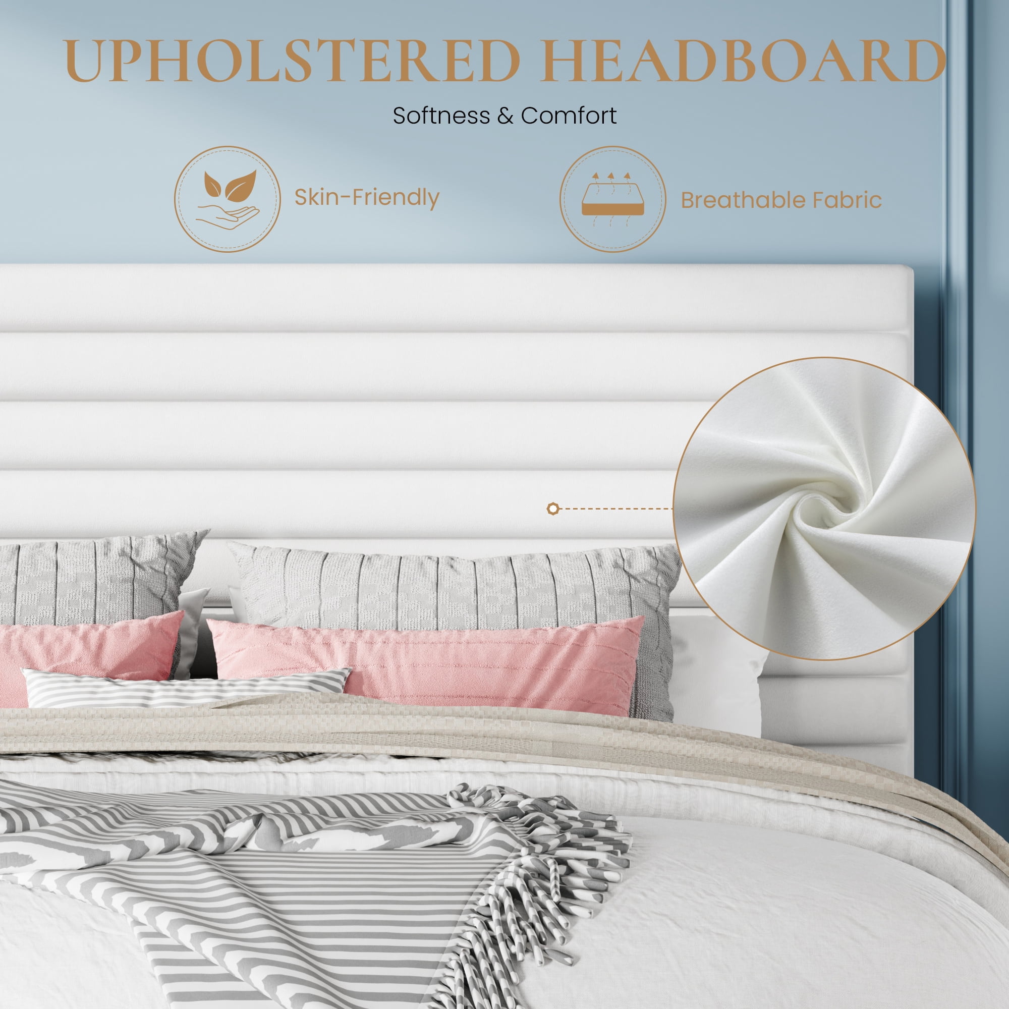 Sha Cerlin Queen Size Platform Bed Frame with Velvet Adjustable Headboard, No Box Spring Needed, White