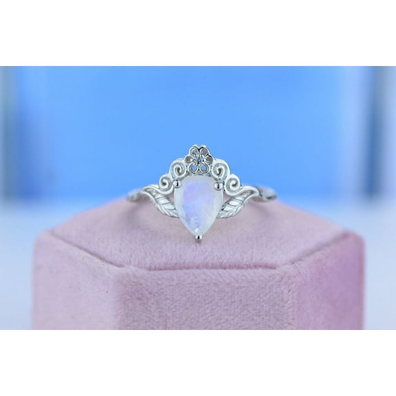 2Ct Pear Cut Natural Moonstone Ring, White Gold Plated Ring Unique Curved Floral Ring, Size 6