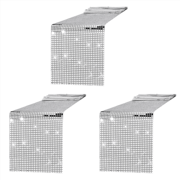 3X Disco Table Runner Mirror Silver Foil Table Runner Glitter Metallic Table Cover for Disco Dance Wedding