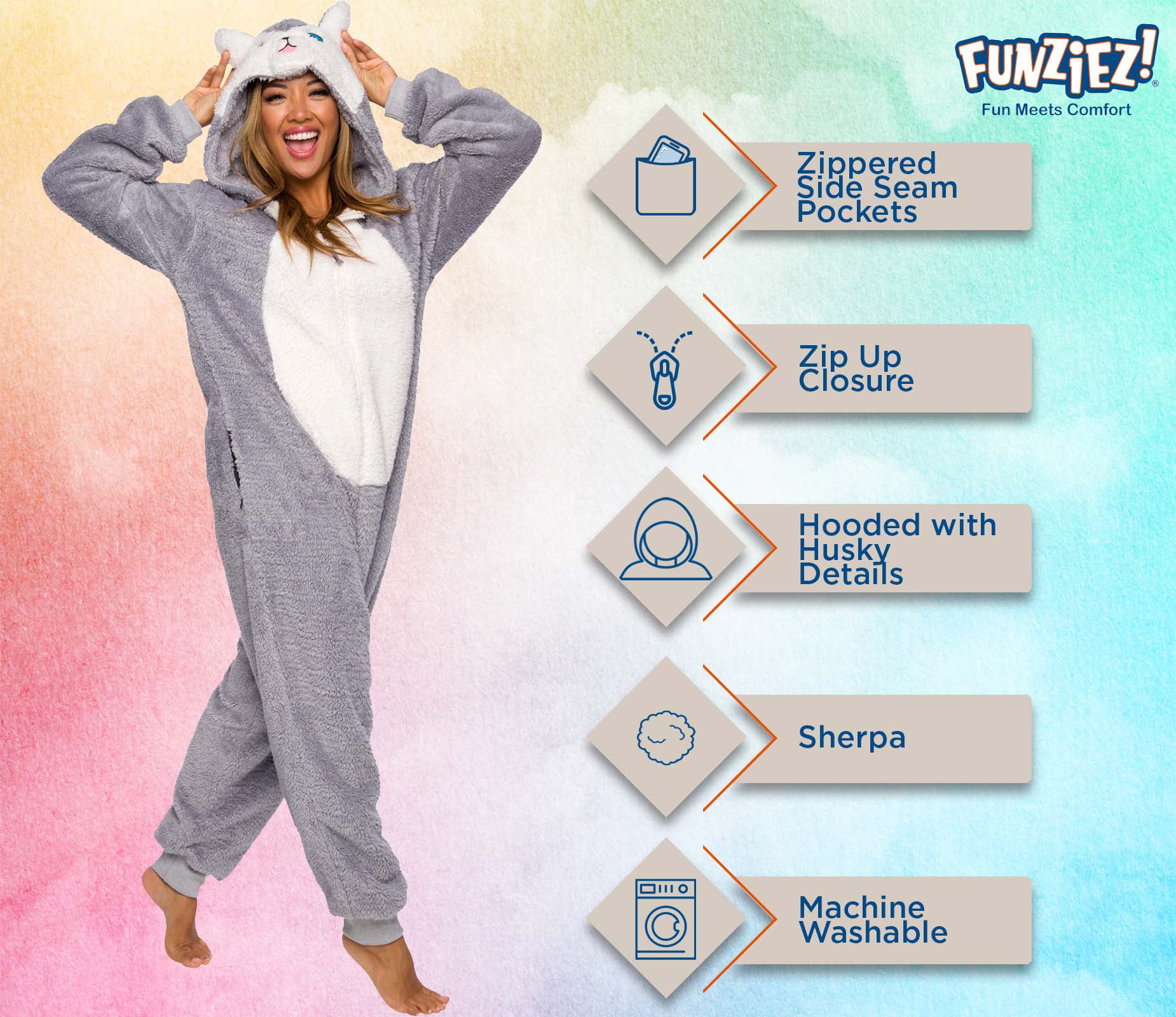 Adult Unisex Sherpa Husky Pajamas Comfortable Jumpsuit by Funziez! Plush One Piece Animal Costume 
