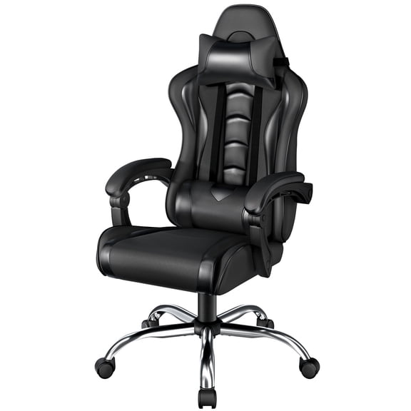 Yaheetech PU Leather Ergonomic Gaming Chair with Removable Head Pillow, Full Black