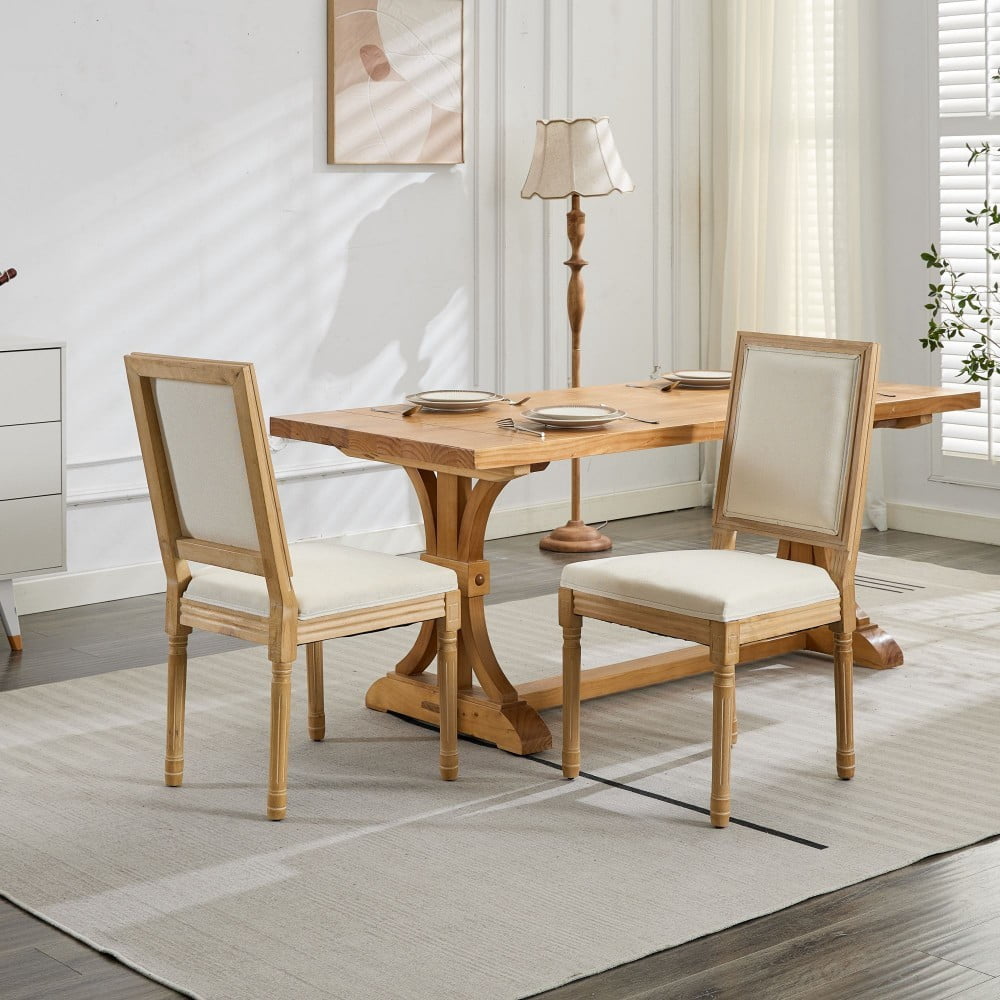 French Dining Chairs Set of 2, Louis Style Upholstered Chairs with Square Backrest, Carved Solid Wood Frame, Linen Fabric, Beige