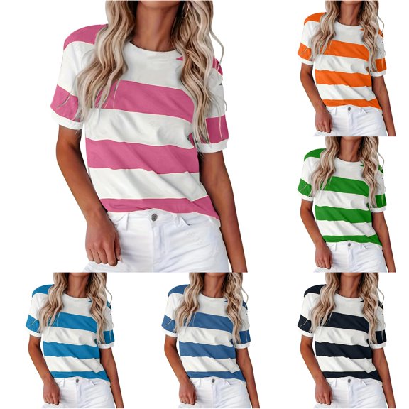YMNXA Womens T Shirts Summer Short Sleeve Round Neck Striped Print Fashion Breathable Soft Tee Top For Everyday Wear,Red,L