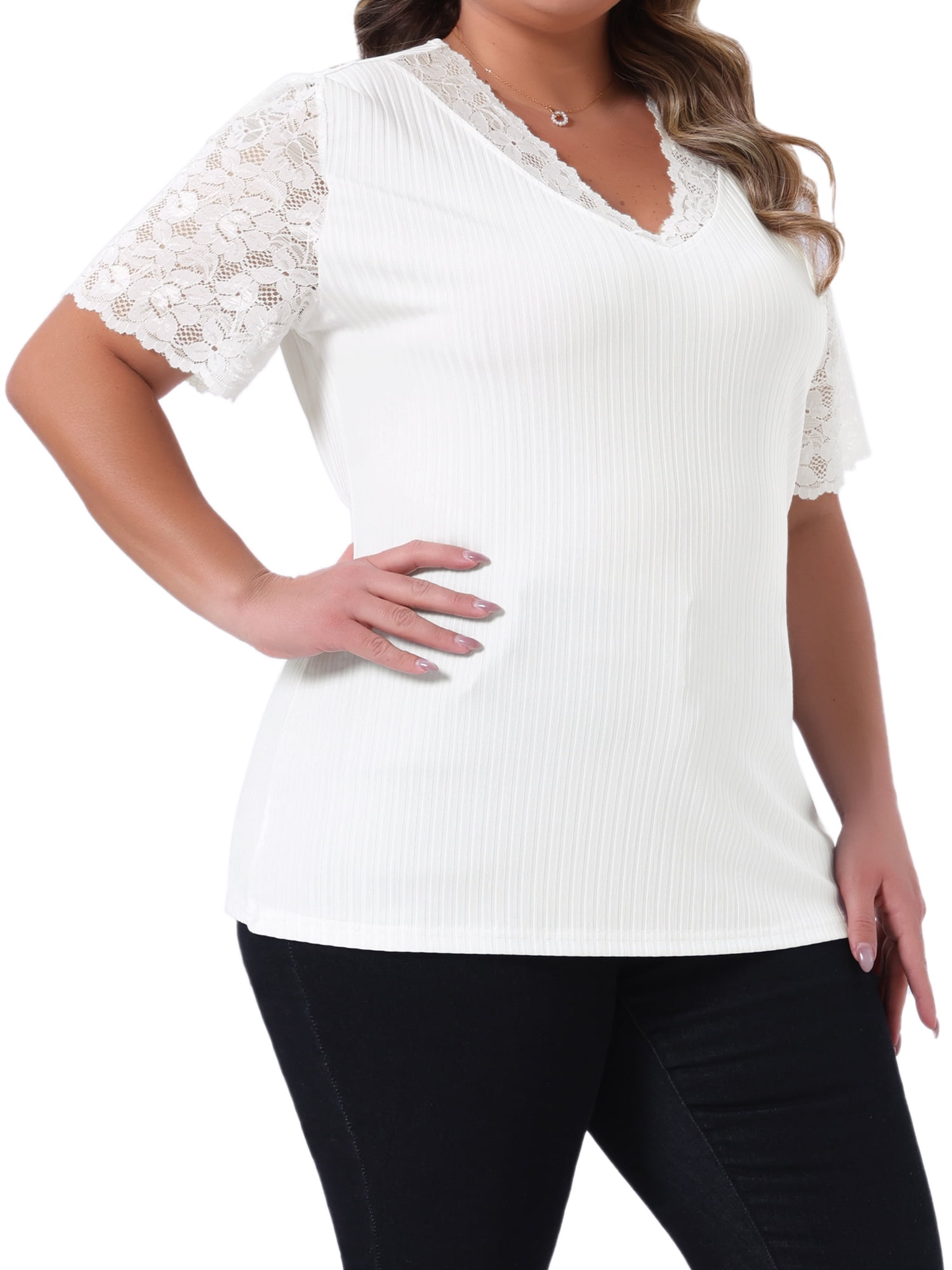 DARING DIVA Women's Plus V Neck Short Sleeve Lace Ribbed Knit Blouse 1X White