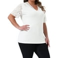 thumbnail image 2 of DARING DIVA Women's Plus V Neck Short Sleeve Lace Ribbed Knit Blouse 1X White, 2 of 6