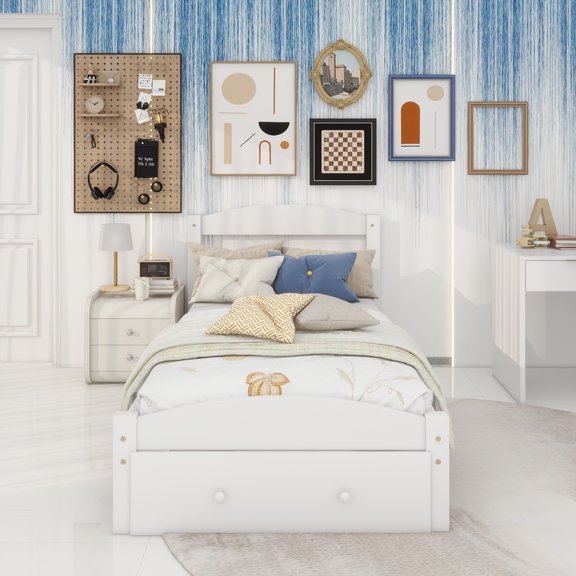 Platform Twin Bed Frame with Storage Drawer and Wood Slat Support No Box Spring Needed, White