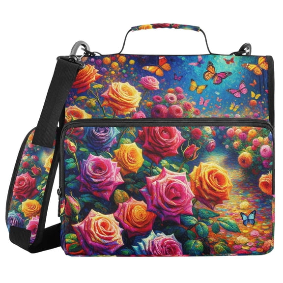 3 Ring Zipper Binder with Shoulder Strap Waterproof Trapper Keeper 2 Inch D-Ring 500 Sheets Capacity Rainbow Rose and Butterflies