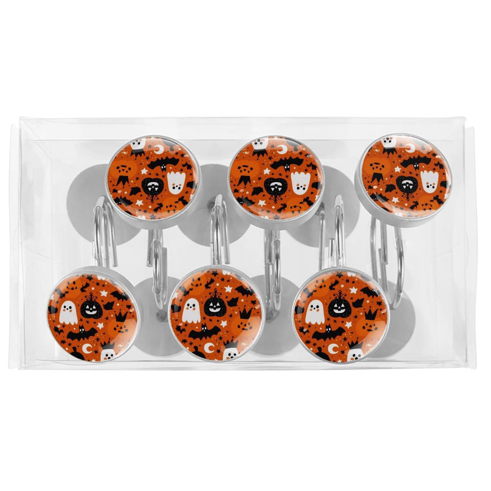 12pcs Decorative Shower Curtain Hooks, Rust Resistant Shower Rings for Bathroom Living Room,Rustproof Stainless Steel Rings for Shower Curtain and Liner Rods,Halloween Pattern Orange
