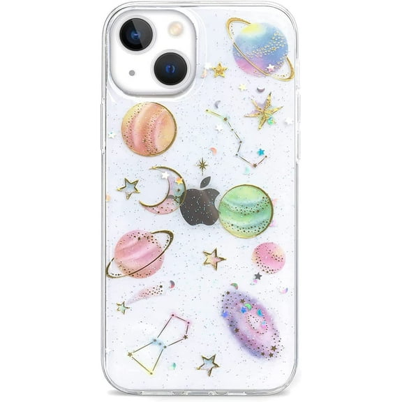 Soft TPU Case for iPhone 14 Plus 6.7', Cute Space Galaxy Moon Star Patten Bling Glitter Flexible Soft TPU Thin Slim Lightweight Case for Apple iPhone 14 Plus 6.7 inch 2022 (Clear)