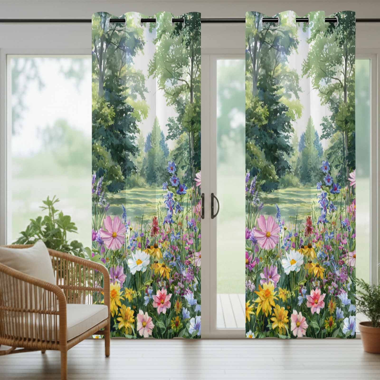 Outdoor Curtains for Patio Waterproof, Colorful Floral Spring Outdoor Privacy Panels Grommet, Daisy Green Forest Pastoral Blackout Outside Curtains for Porch/Cabana/Pergola/Gazebo 54"x84", 2 Panels