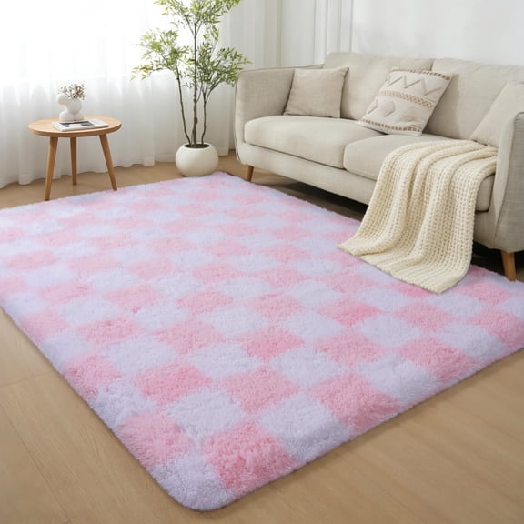 Janvonne Fluffy Checkered Rugs for Bedroom, 4x6ft Modern Soft Non Skid Shaggy Carpets for Living Room Dorms Children's Room, White and pink