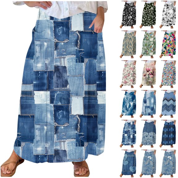 LIBRCLO Skirts for Women Maxi Length Printed Elastic Waistband Pleated Skirts with Pocket Summer Casual Clothes