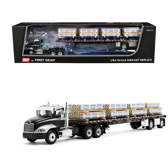 Mack Pinnacle Day Cab with Minimizer Parts & 53 Wilson Roadbrute Flatbed Trailer with "Carlisle Roofing" Loaded Pallets Black with Silver Top and Stripes 1/64 Diecast Model by DCP/First Gear
