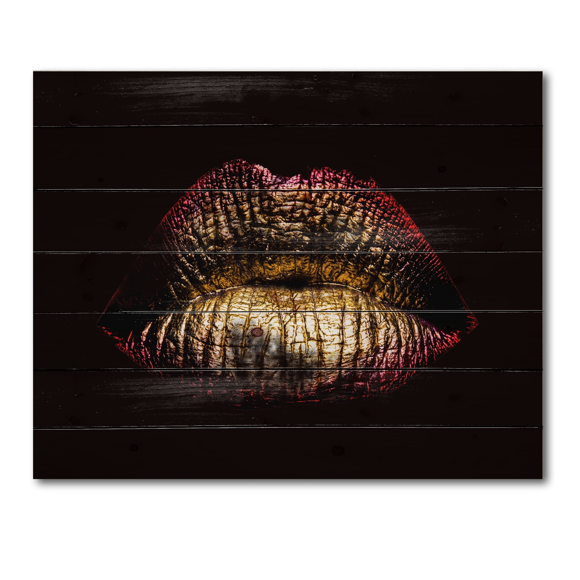 Designart 'Sexy Golden Metallized Woman Lips IV' Modern Print on Natural Pine Wood