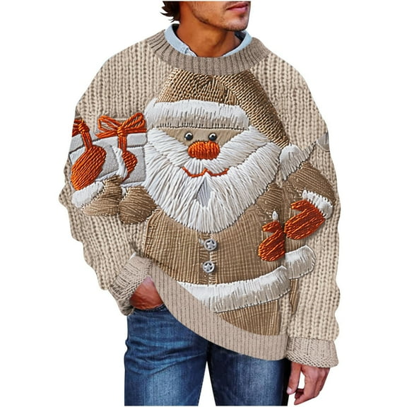 KeShDi Sweaters for Men Santa Claus Christmas Cozy Sweater Long Sleeve Crewneck Top Beige S