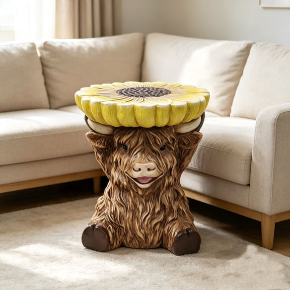 Noble House Highland Cow Stool, Cute Animal Side Table Decor, Outdoor Creative Figurine Seat for Patio, Garden, Brown