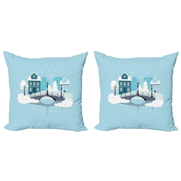 Ambesonne City Throw Pillow Cover 2 Pack, Winter Season Composition, 24", Pale Blue Grey White