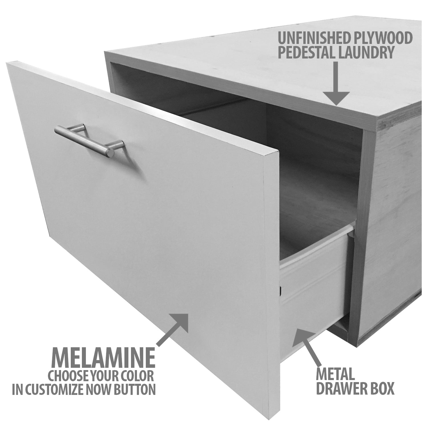 Laundry Pedestal With Drawer Box, White Melamine Drawer Front, Unassembled - 30W x 24L