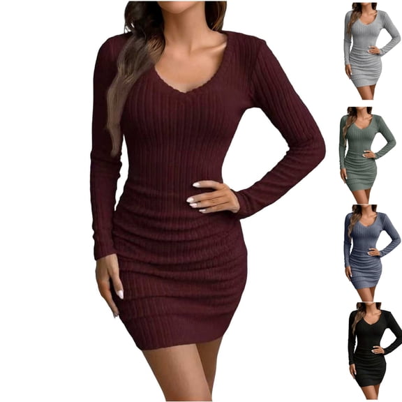 LEKWK Sweater Dress for Women Knit Long Sleeve V Neck Bodycon Dress Mini Dress Warm Ribbed Knit Dress Slim Fit Spring Dresses Club Night out Wear